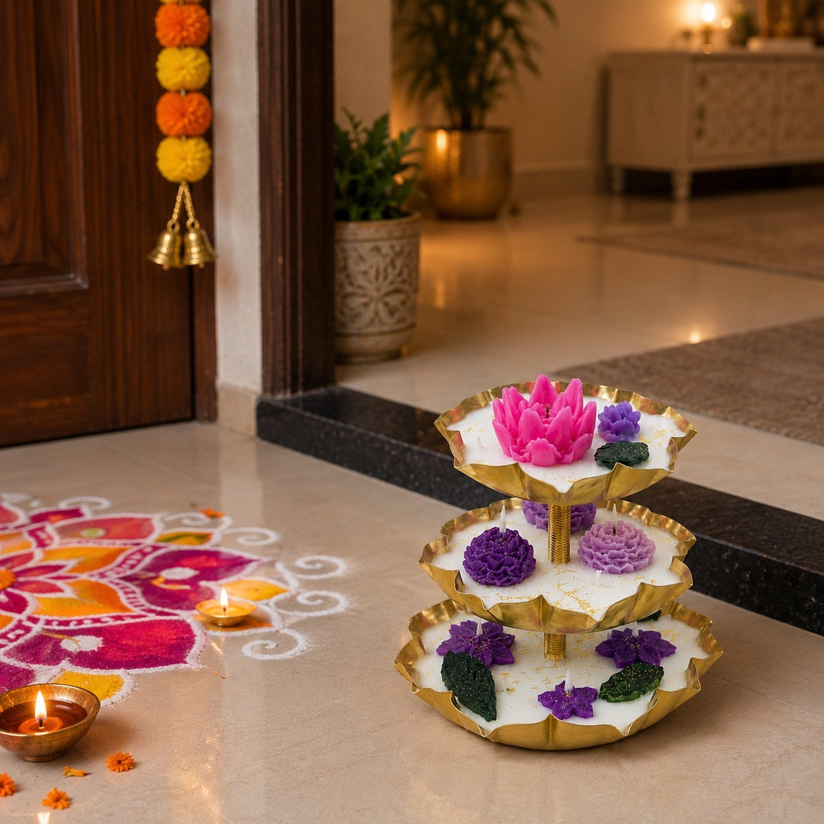 Soy Wax Scented Tower Candle in a traditional Indian pooja room