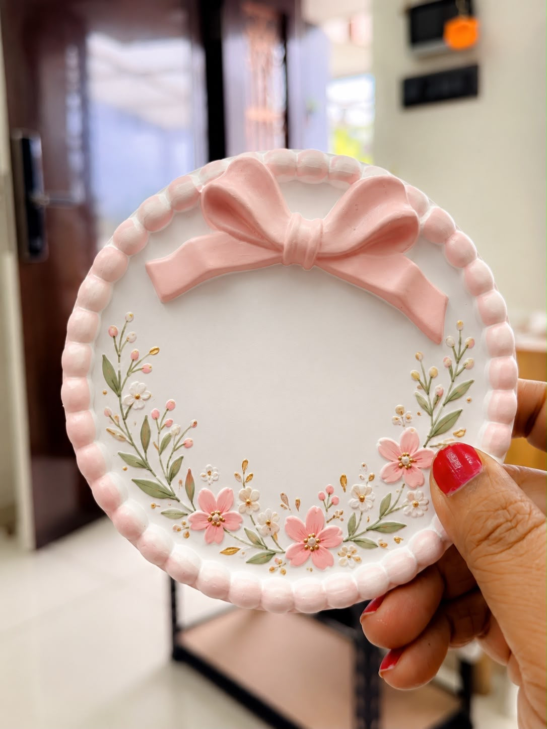 Bow Plate DIY Painting Kit - painted example with pink bow and floral design