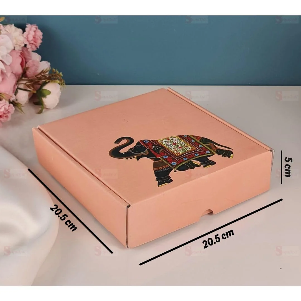 Peach elephant printed gift box with dimensions 20.5x20.5x5cm