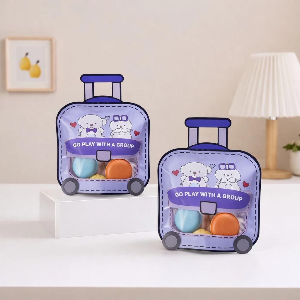 Two purple trolley bag ziplock pouches with bear cartoon print filled with macarons on a white surface