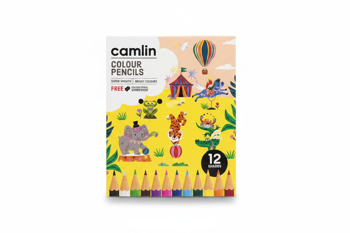 Camlin 12 Colour Pencils box front with circus animal design