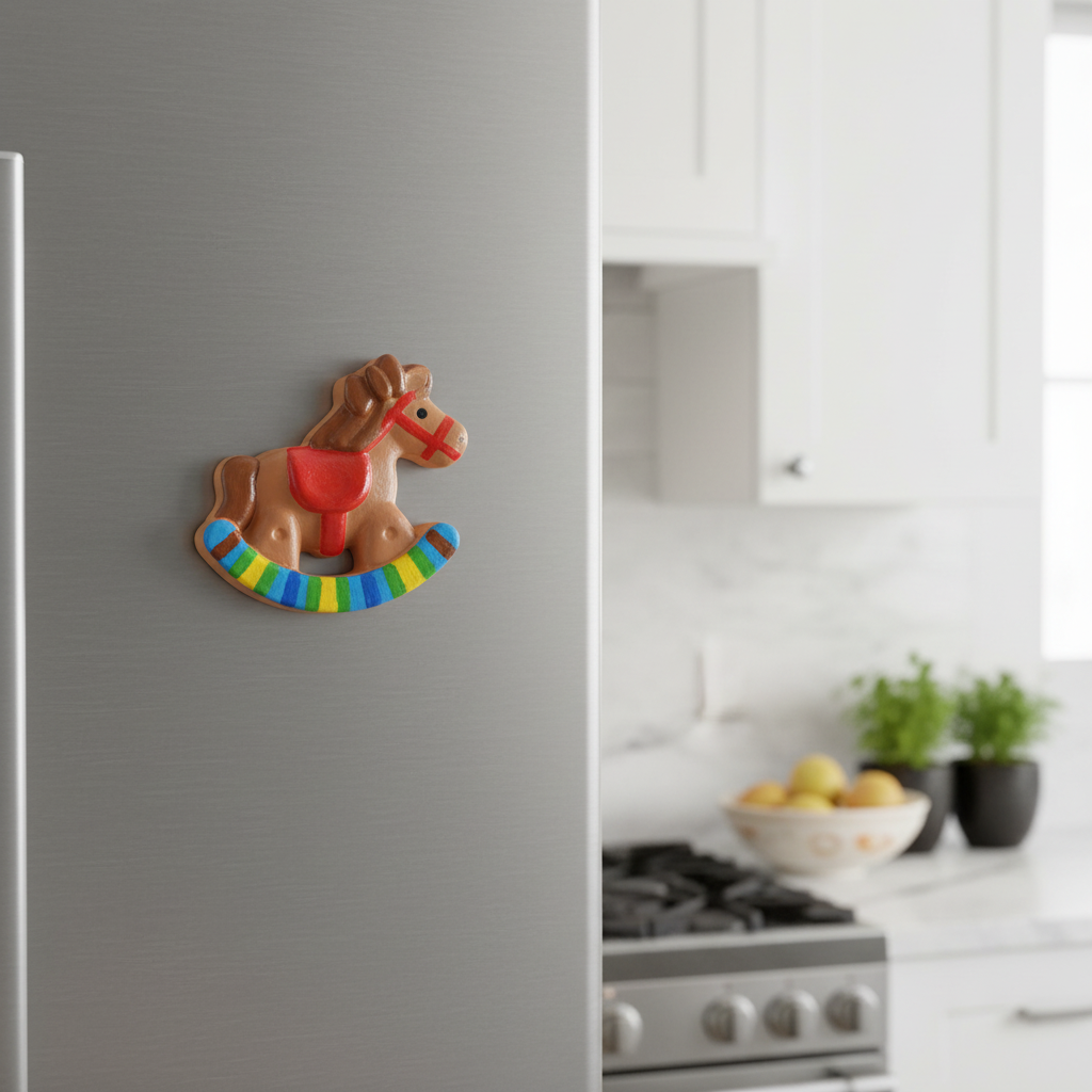 Rocking horse painted fridge magnet on stainless steel fridge