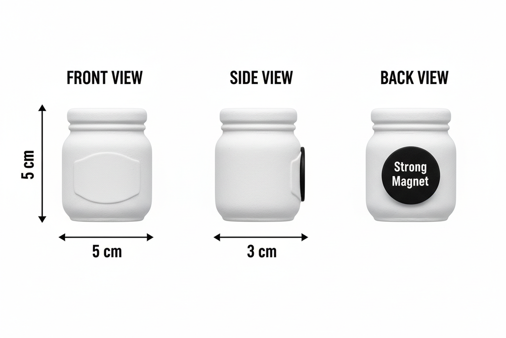 Jam jar plaster figure dimensions diagram - front, side and back views