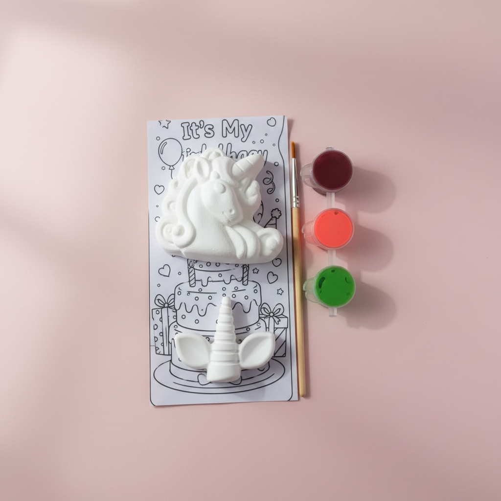 Unicorn DIY kit flat lay on pink background