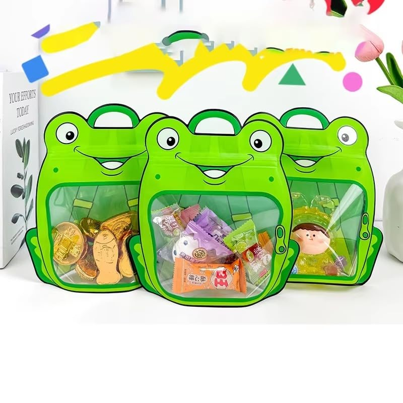 Three frog cartoon goodie bags filled with candies and chocolates