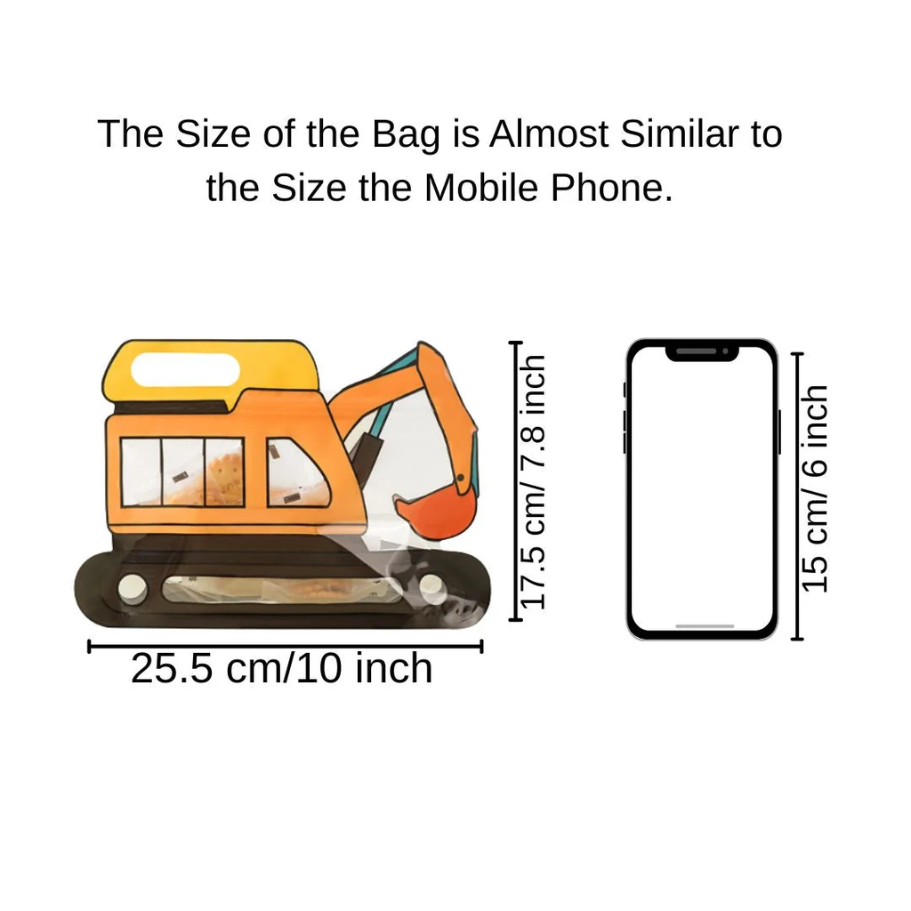 Size reference of excavator gift bag - 25.5cm x 17.5cm compared to a smartphone