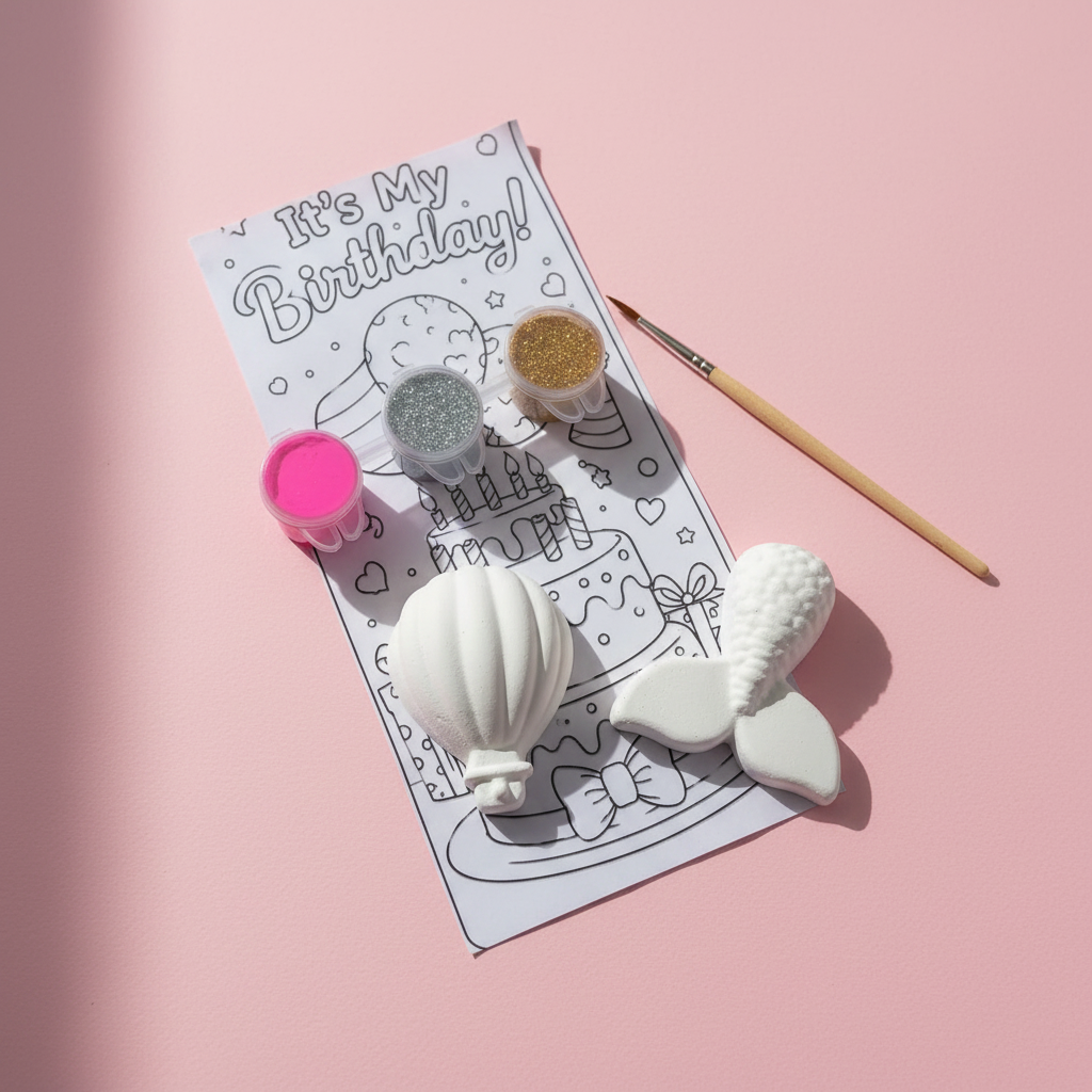 Hot air balloon DIY kit flat lay on pink background