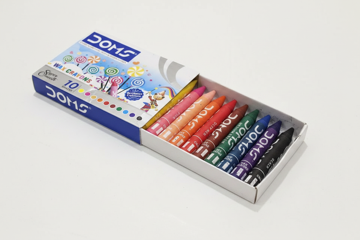 DOMS Super Smooth Wax Crayons 10 shades open box showing all crayons
