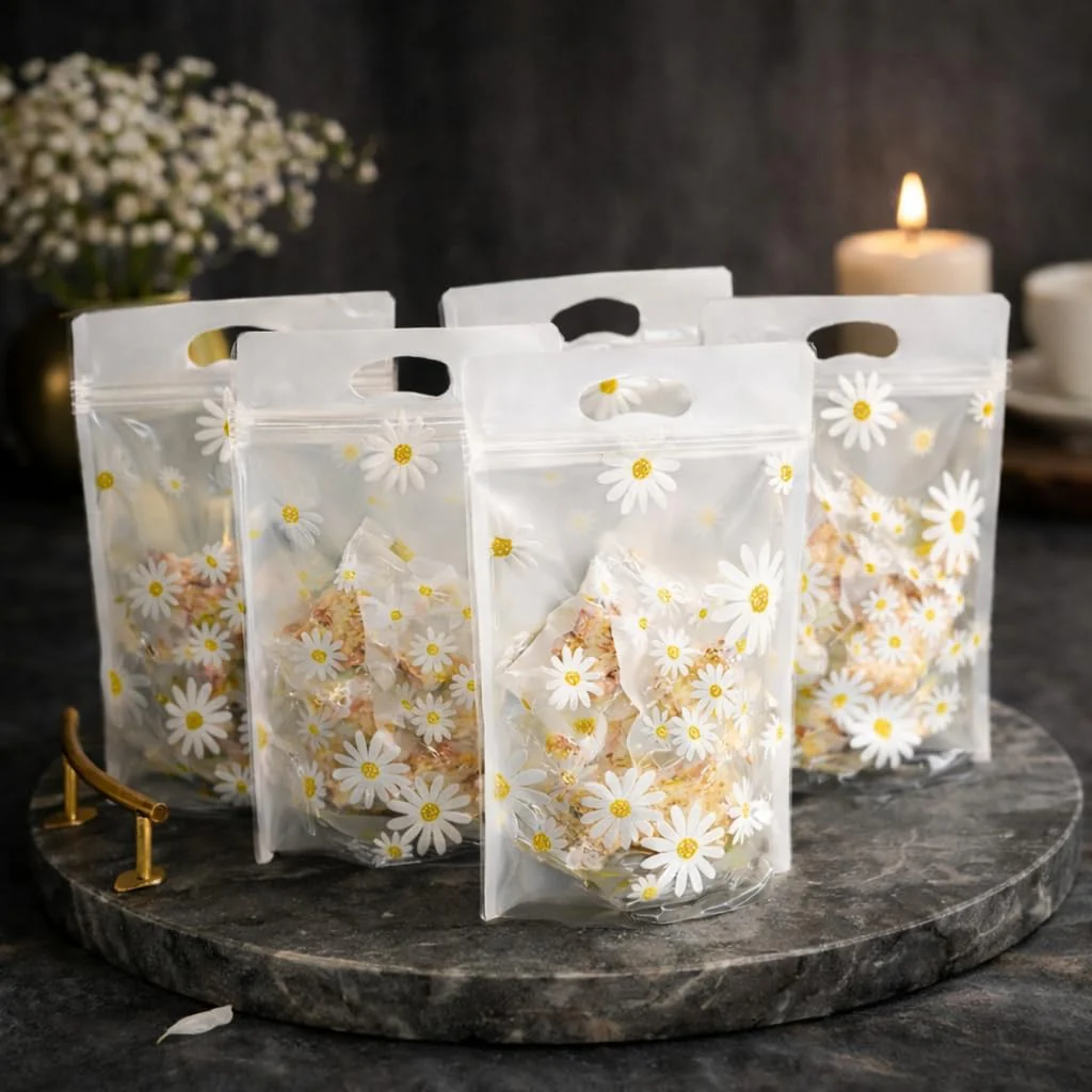 Daisy flower printed transparent ziplock stand-up pouches filled with dried flowers on marble tray