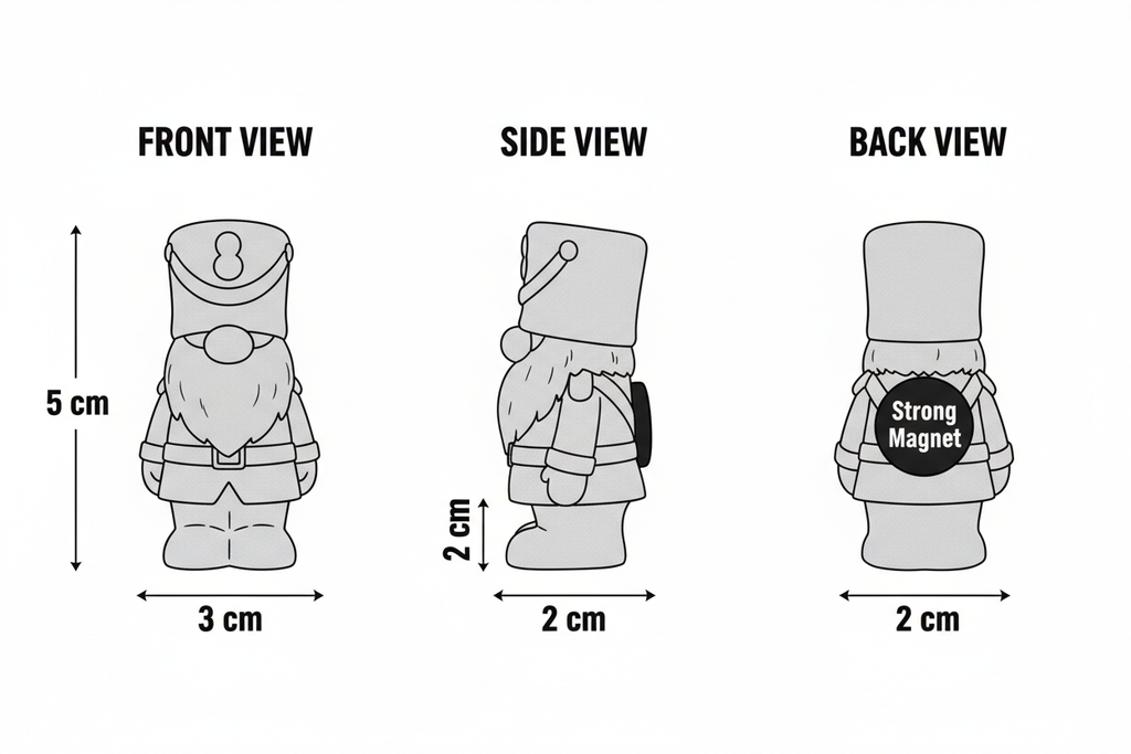 Soldier plaster figure dimensions diagram - front, side and back views