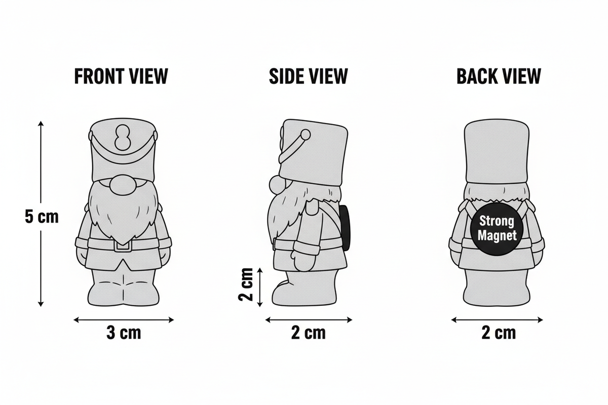 Soldier plaster figure dimensions diagram - front, side and back views