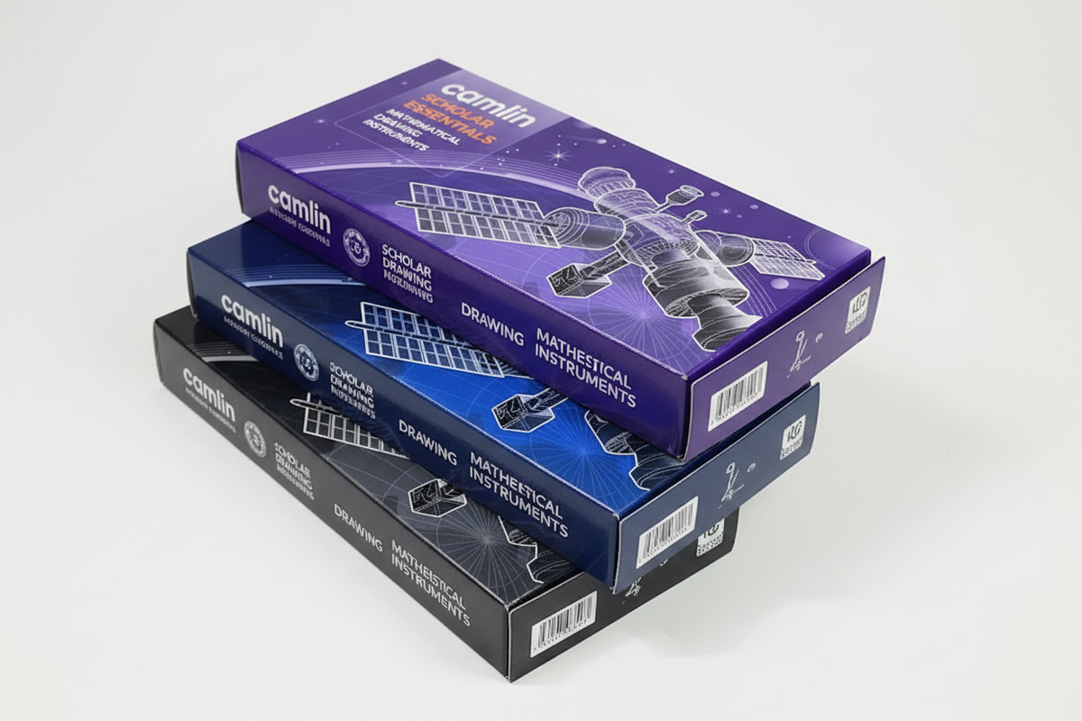 Camlin Scholar Essentials box variants in purple, blue and black