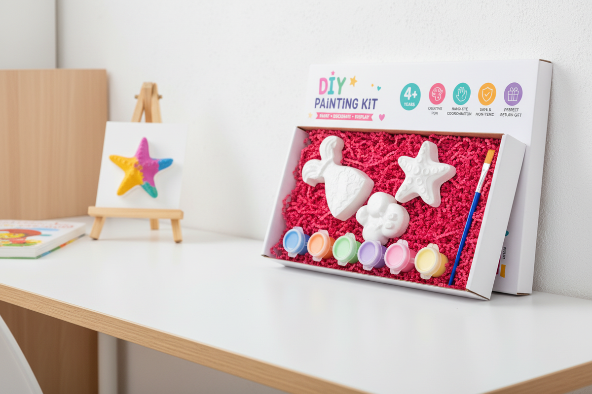 DIY Mermaid Painting Kit in open gift box with pink crinkle paper and all contents