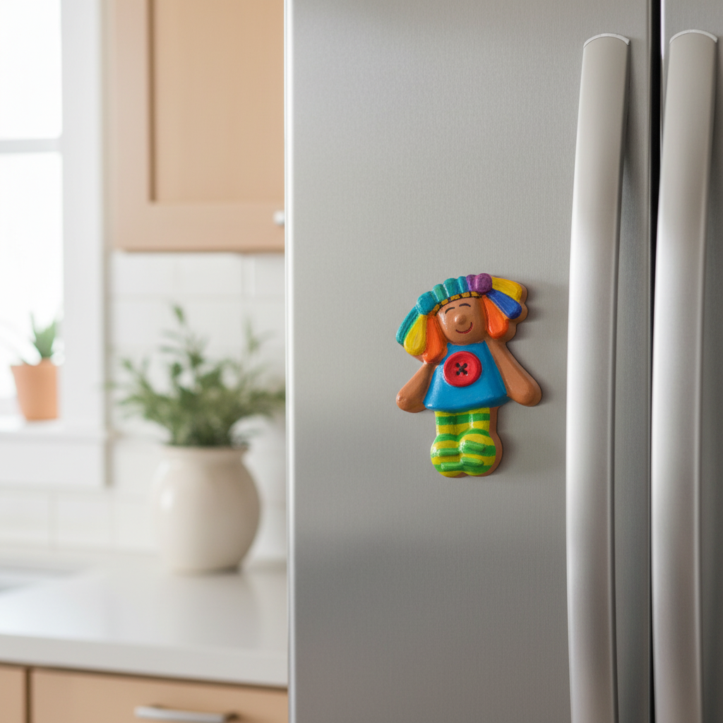 Cute doll character painted fridge magnet on stainless steel fridge