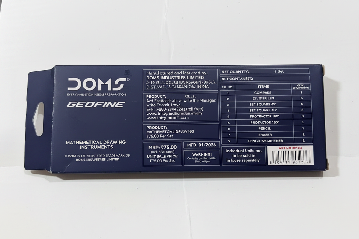 DOMS Geofine box back with product details and contents list