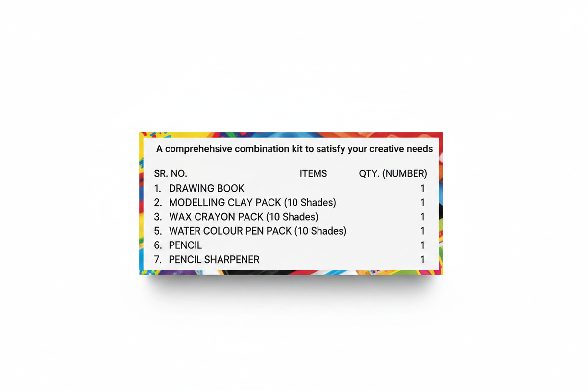 DOMS Fun Fiesta Kit contents label close-up showing all 7 items