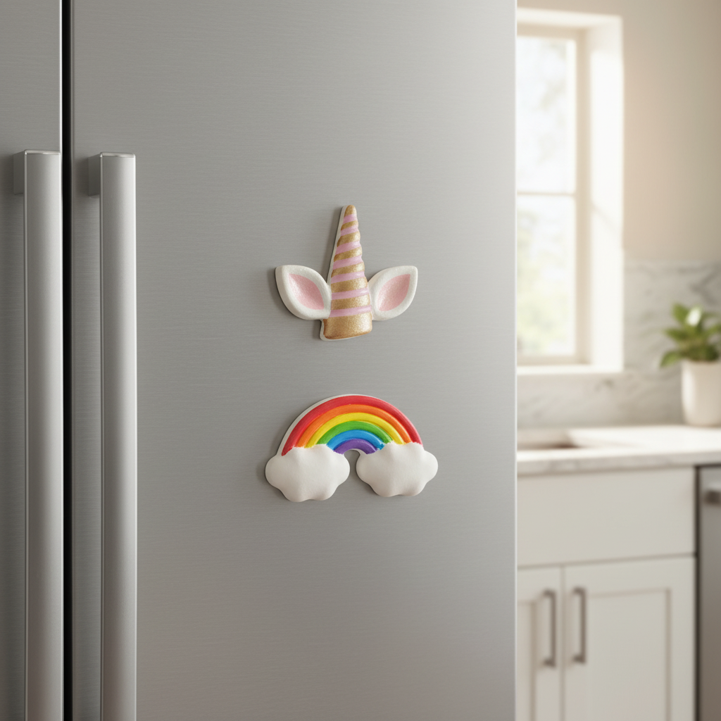 Painted unicorn horn and rainbow fridge magnets on stainless steel fridge