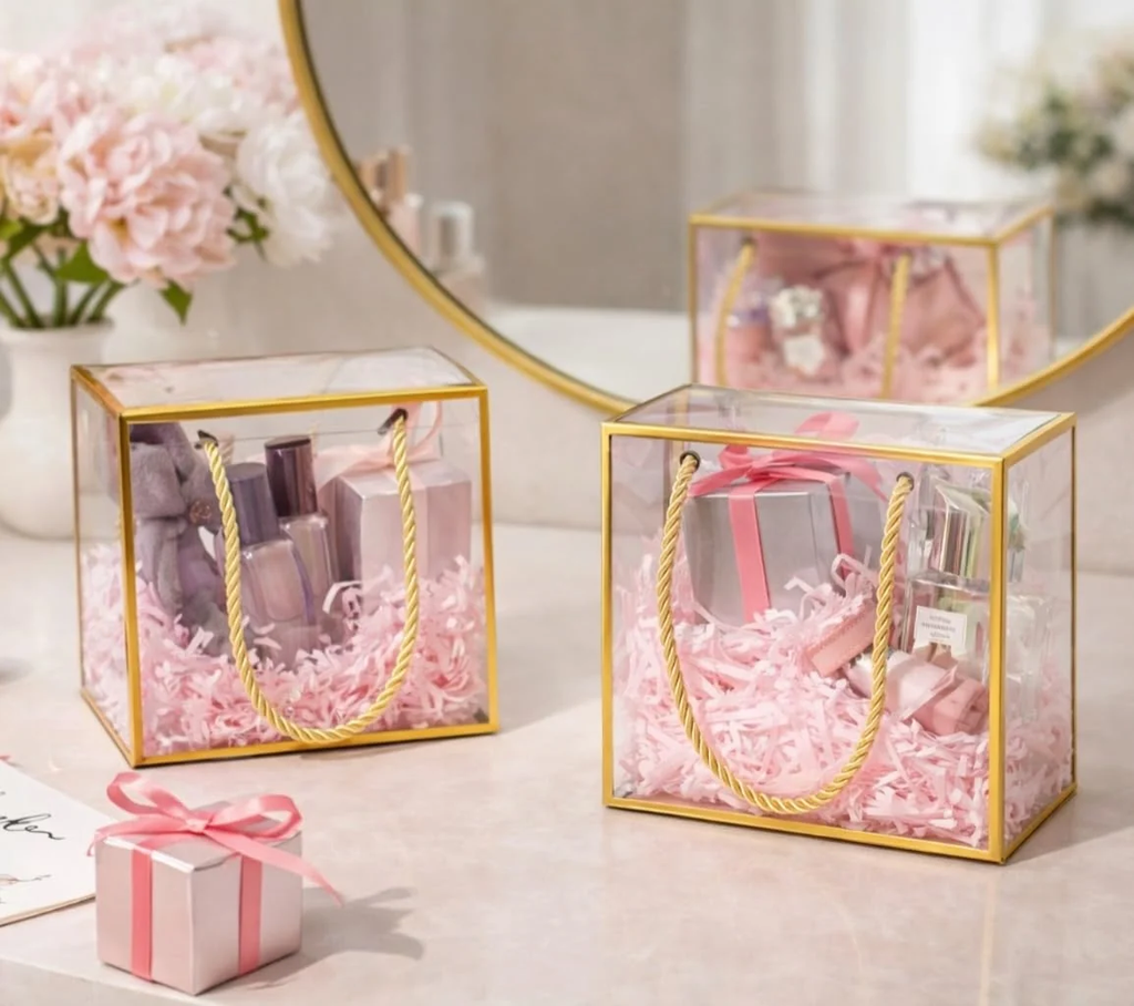 Square transparent golden border gift bags filled with cosmetics and pink shredded paper