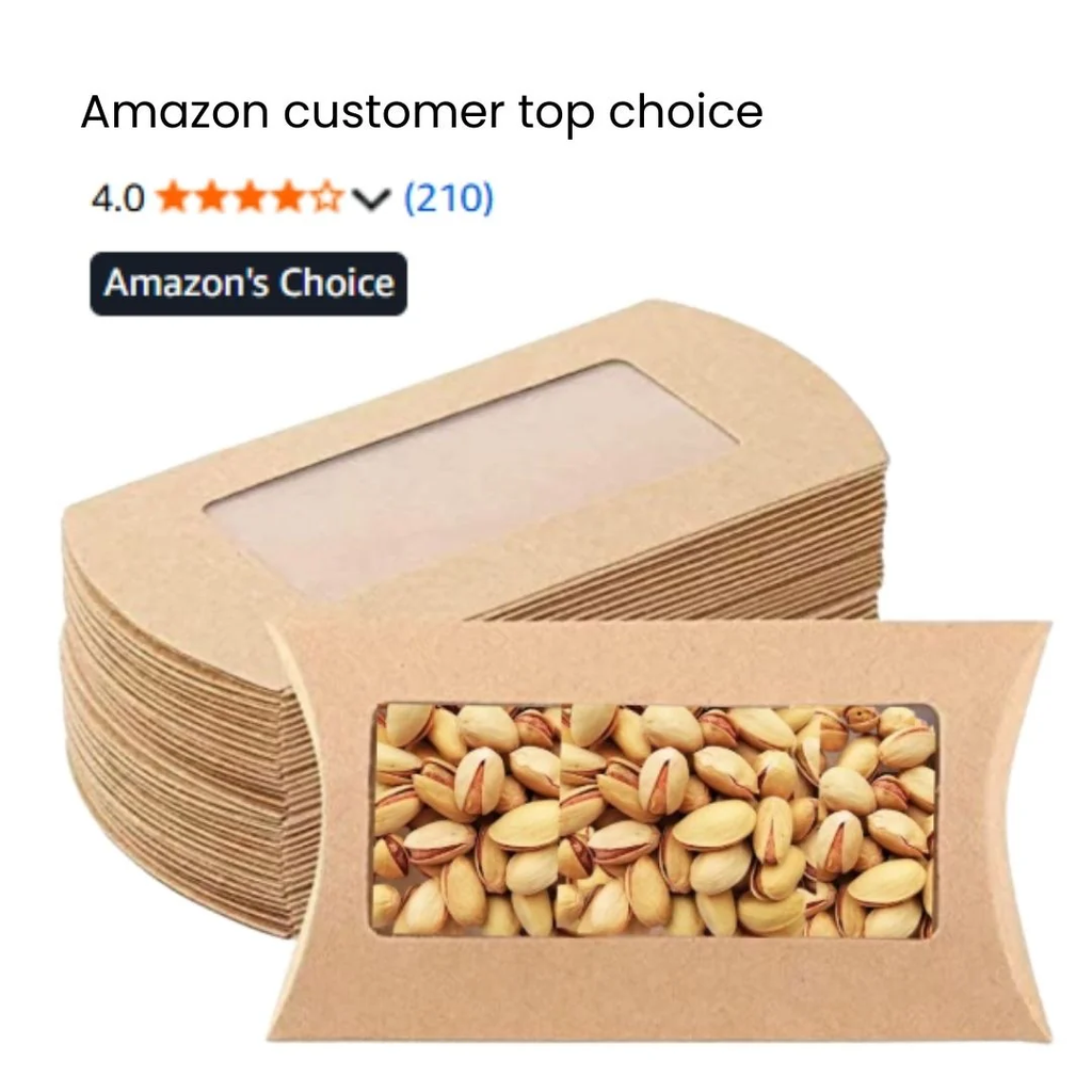 Stack of brown kraft paper pillow gift boxes with clear window filled with pistachios