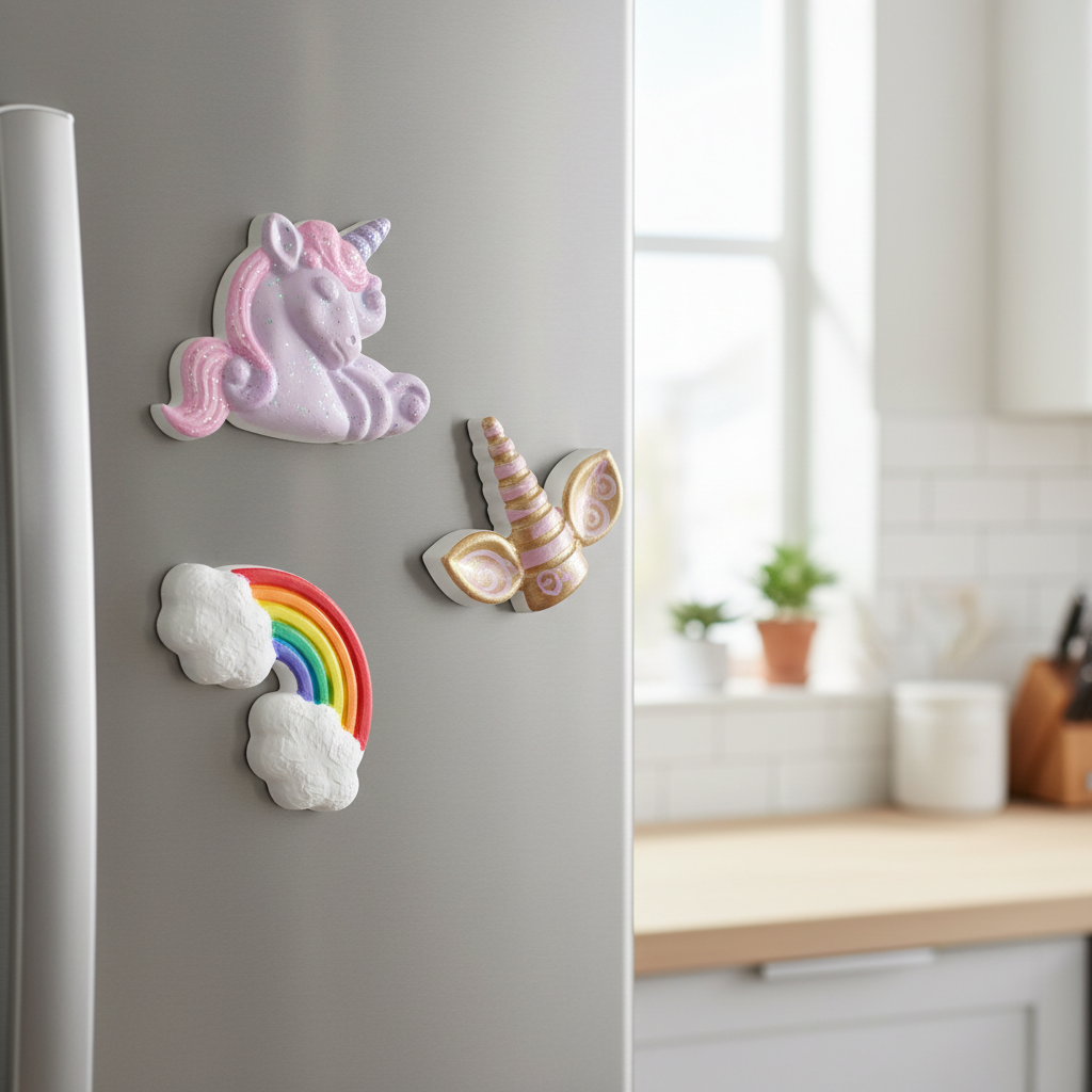 Painted unicorn trio fridge magnets on stainless steel fridge