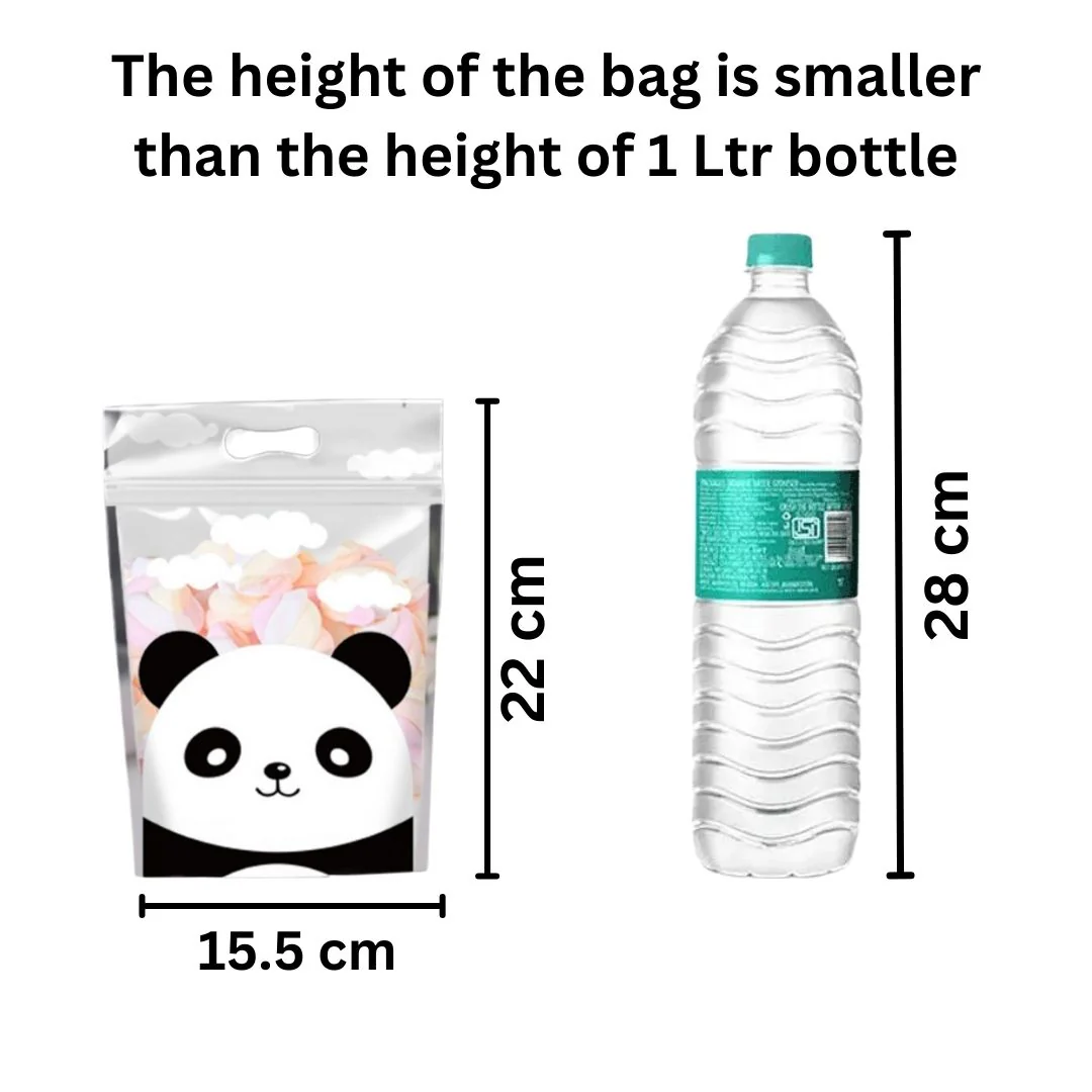 Size reference of flower printed ziplock pouch - 22cm x 15.5cm compared to 1 litre water bottle