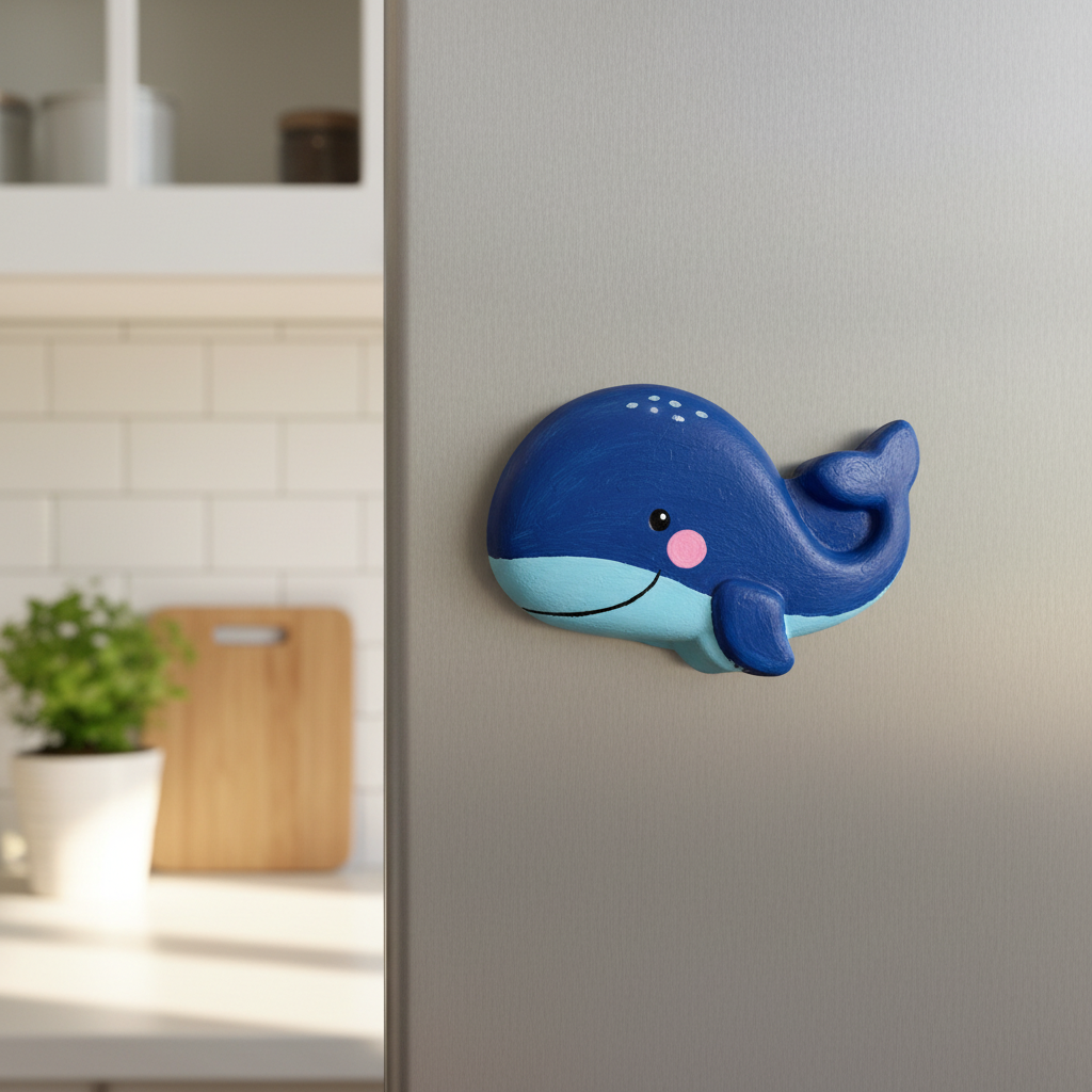 Cute whale painted fridge magnet on stainless steel fridge
