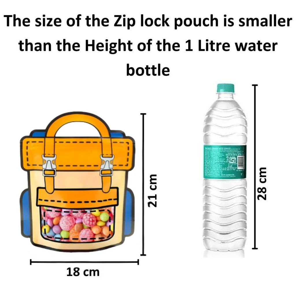 Size reference of cartoon backpack gift bag - 18cm x 21cm compared to 1 litre water bottle