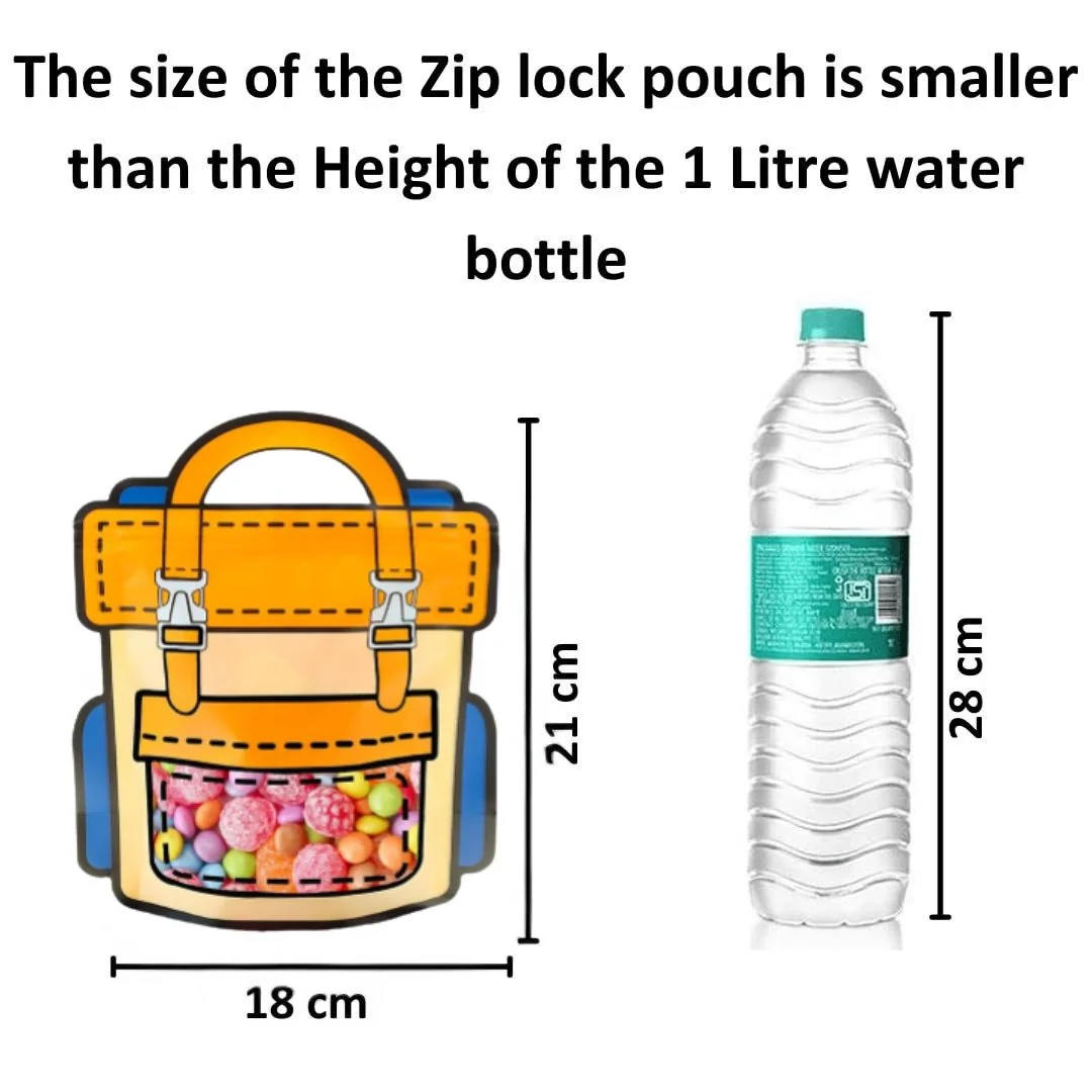Size reference of cartoon backpack gift bag - 18cm x 21cm compared to 1 litre water bottle