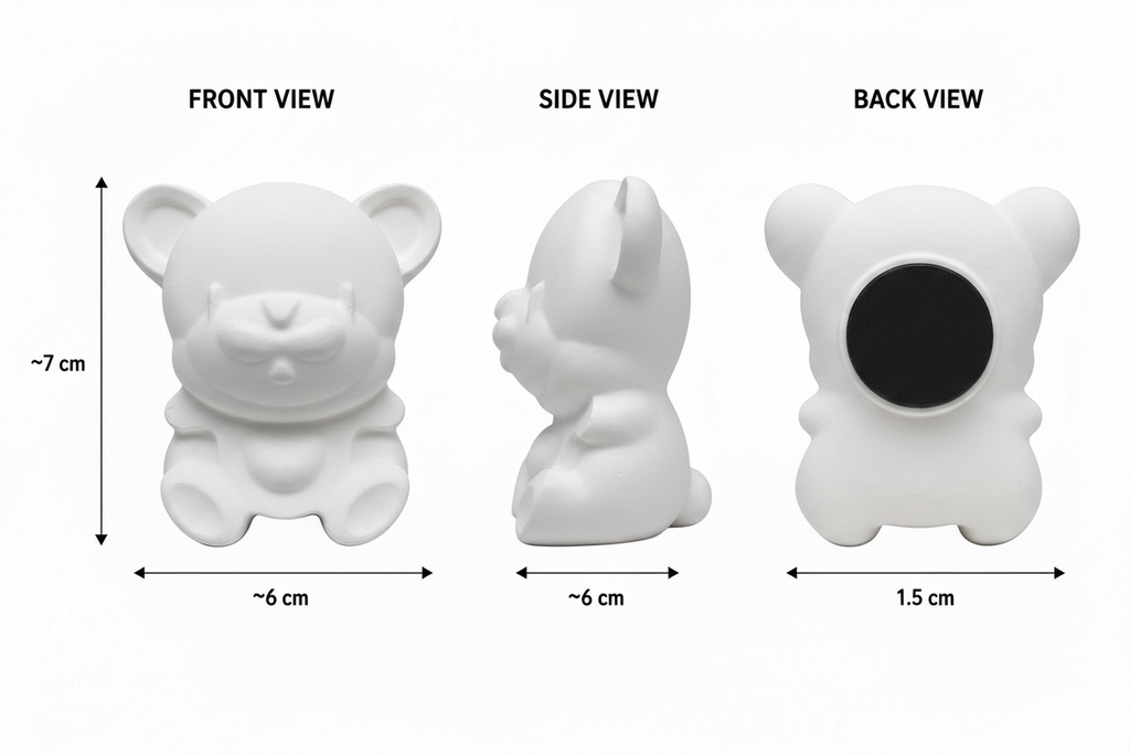 Teddy bear fridge magnet dimensions diagram - front, side and back view