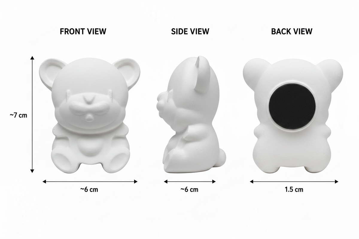 Teddy bear fridge magnet dimensions diagram - front, side and back view