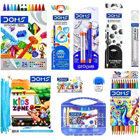 DOMS Smart Kit contents - crayons, pencils, pastels, watercolours and more
