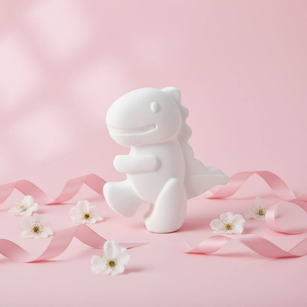 Beautified product photo of unpainted white plaster T-Rex dinosaur figure on pastel pink background with flowers