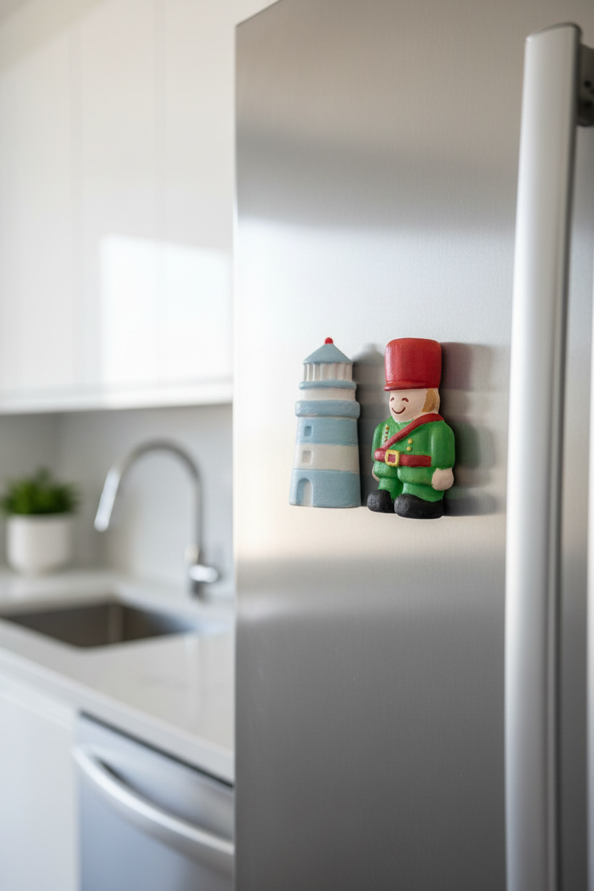Painted lighthouse and soldier plaster magnets on stainless steel refrigerator
