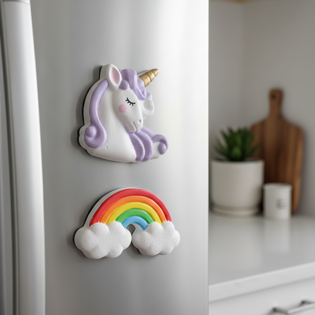 Painted unicorn and rainbow fridge magnets on stainless steel fridge