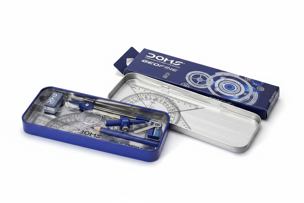 DOMS Geofine open tin box showing all instruments inside