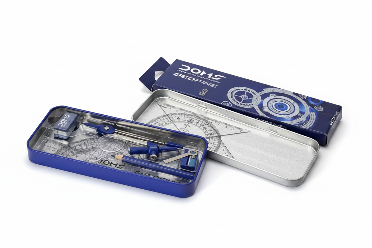 DOMS Geofine open tin box showing all instruments inside