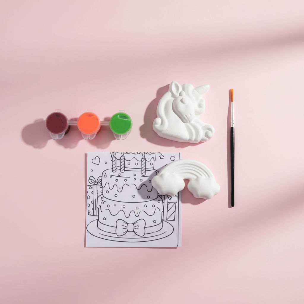 Unicorn and rainbow DIY kit flat lay on pink background