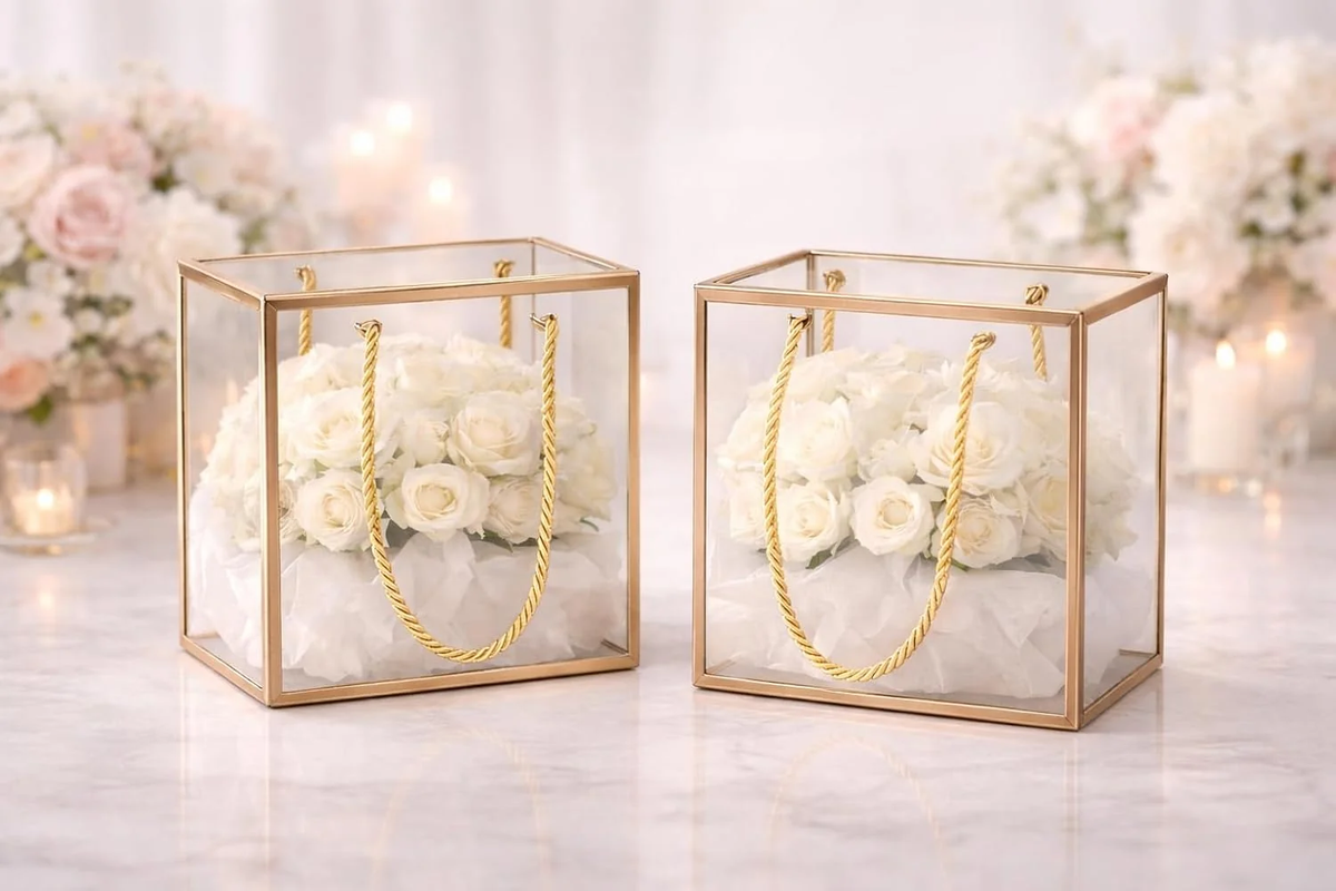 Two square transparent golden border bags filled with white roses for wedding decor