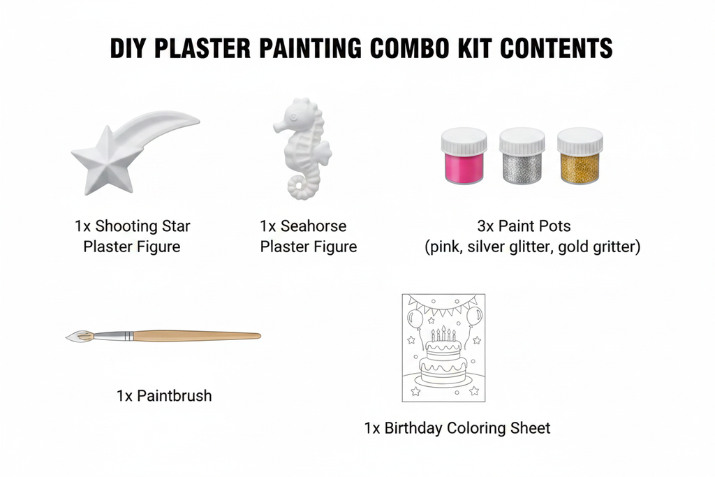 Shooting star and seahorse DIY kit contents diagram