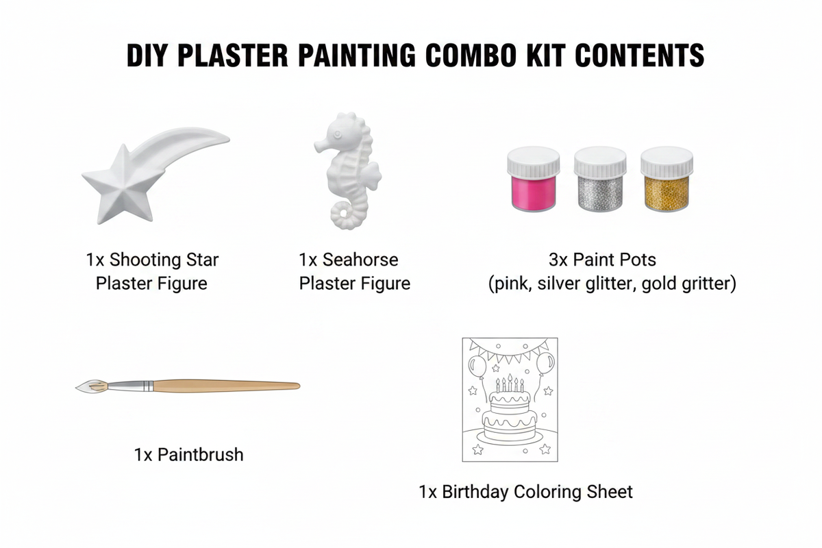 Shooting star and seahorse DIY kit contents diagram