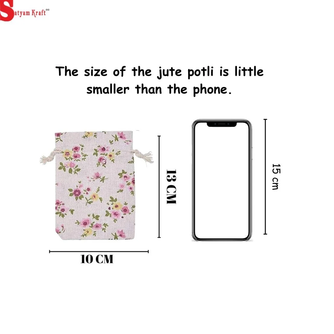Size reference of floral jute potli bag - 10cm x 13cm compared to phone
