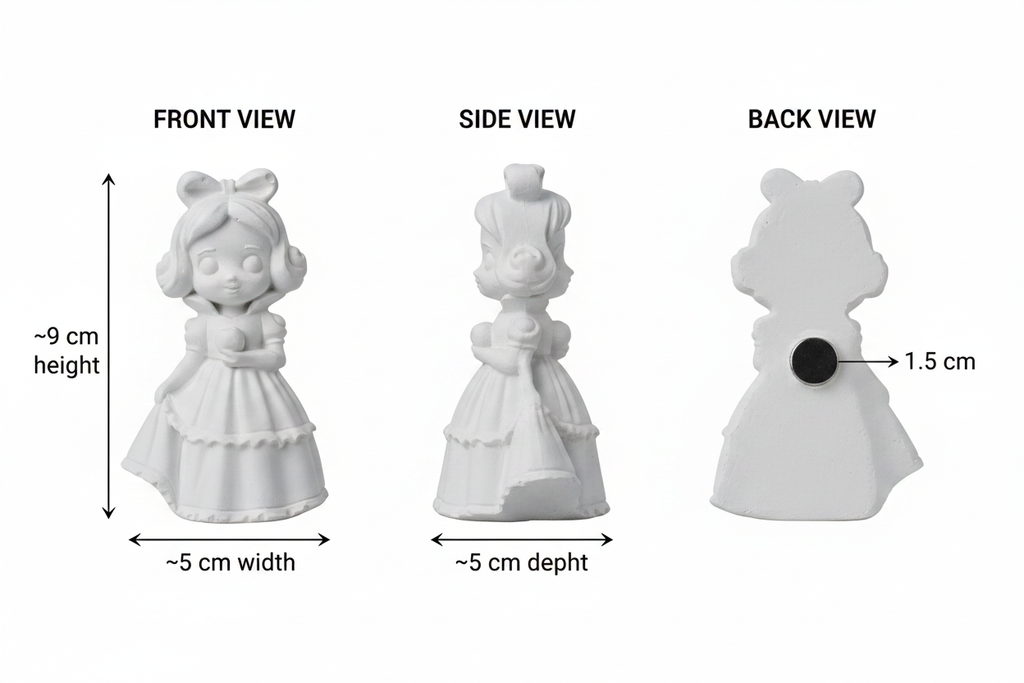 Snow White DIY Fridge Magnet - Front Side Back View with Measurements