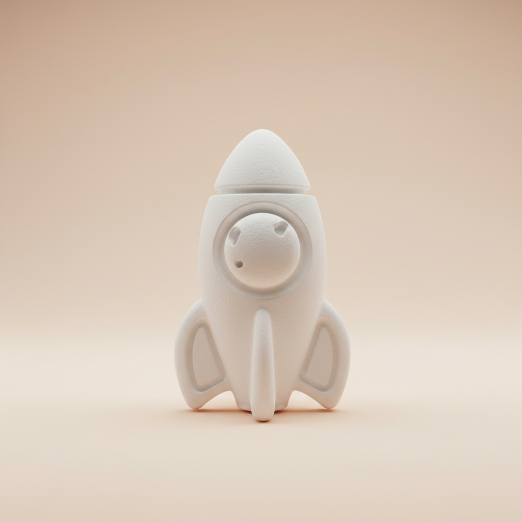 White plaster rocket fridge magnet with astronaut window on soft light peach background