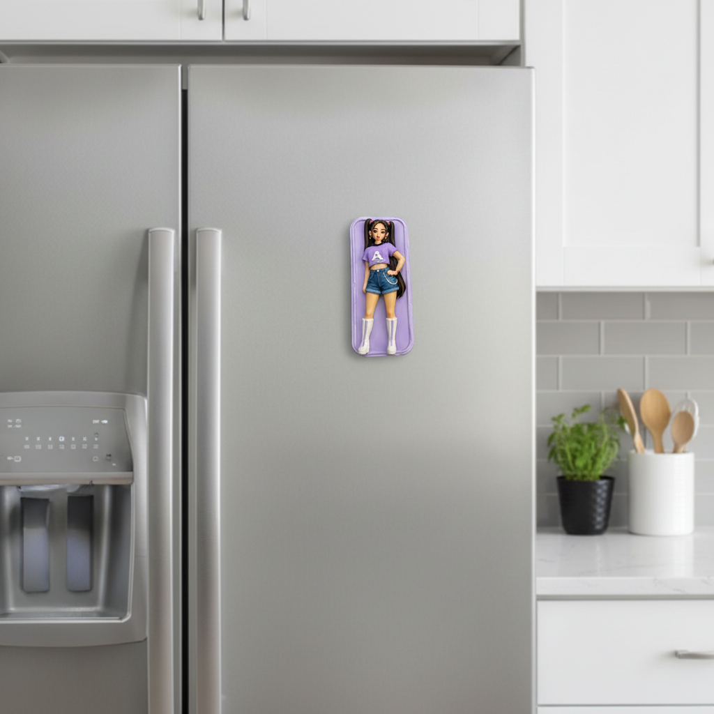 Mira fridge magnet on stainless steel fridge