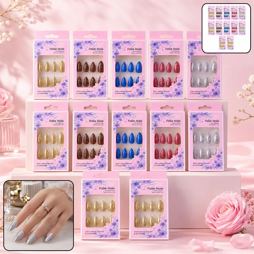 Multiple sets of glitter press-on false nails in gold, silver, blue, red and brown displayed in pink packaging boxes with a hand wearing silver glitter nails