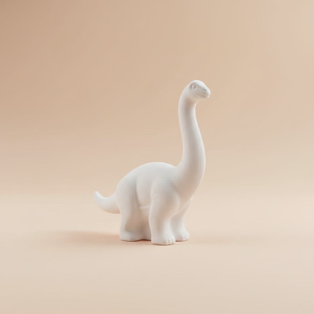 White plaster Brachiosaurus long-neck dinosaur fridge magnet on soft light peach background
