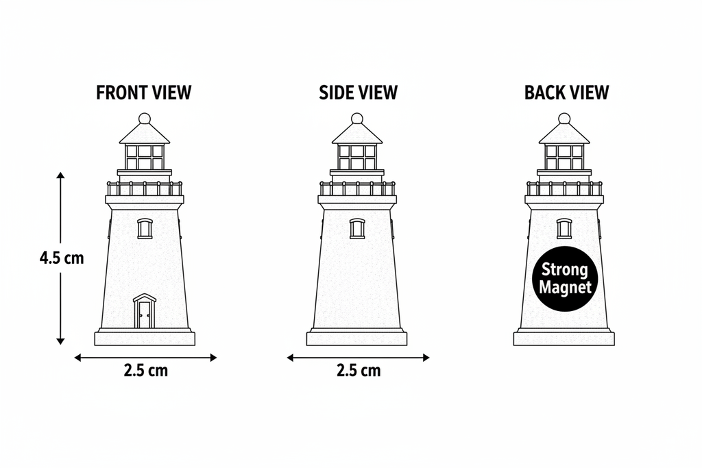 Lighthouse plaster figure dimensions diagram - front, side and back views