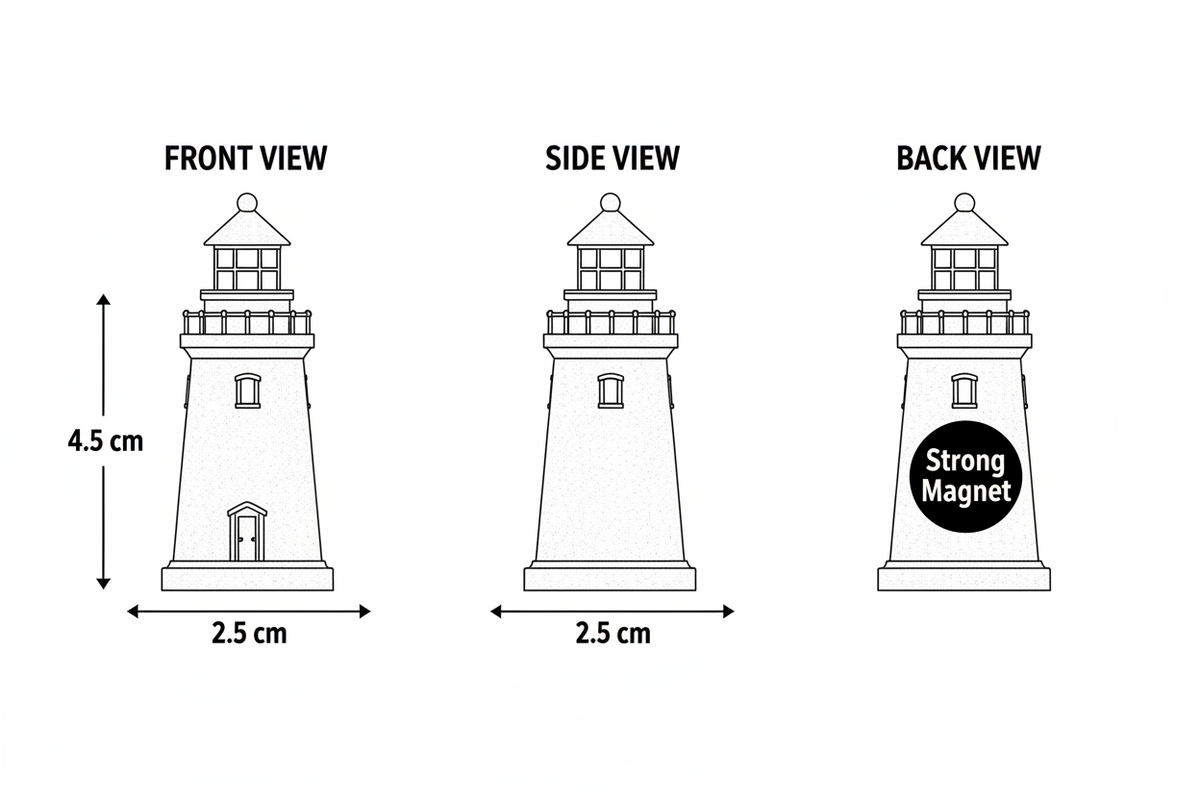 Lighthouse plaster figure dimensions diagram - front, side and back views