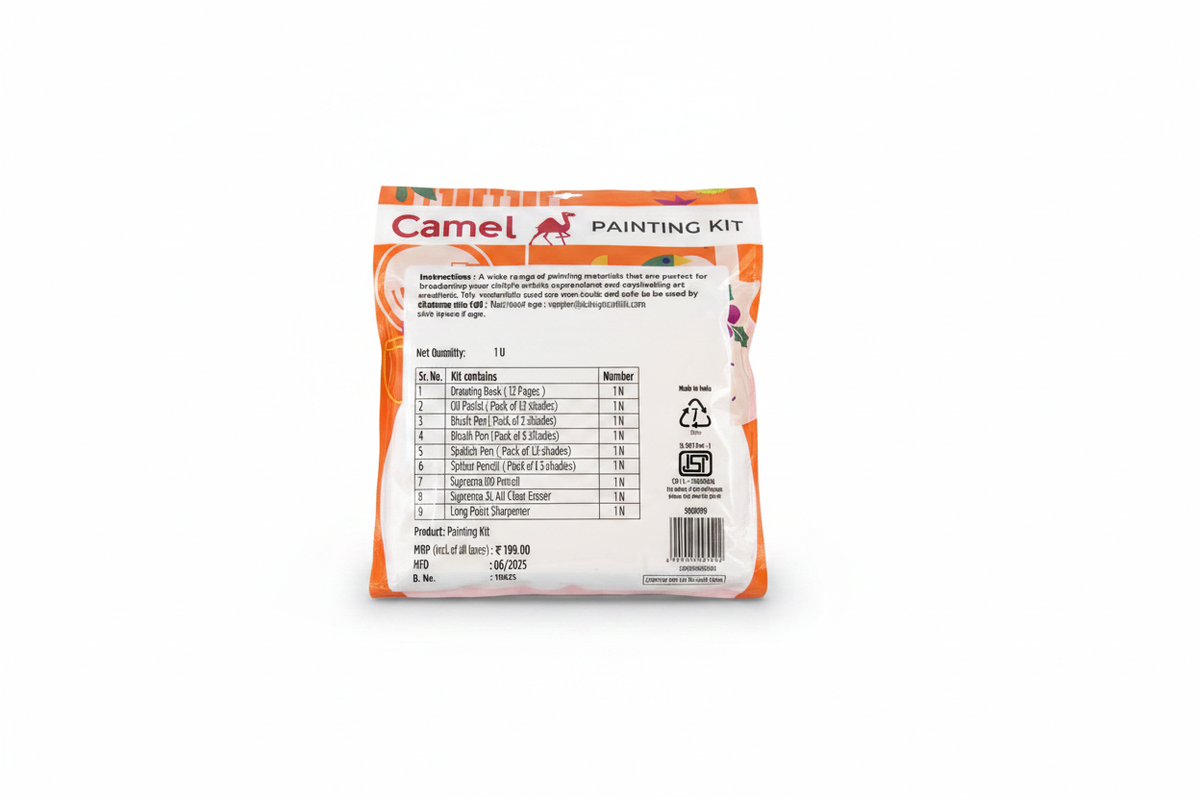 Camel Painting Kit back view with contents table and MRP Rs 199