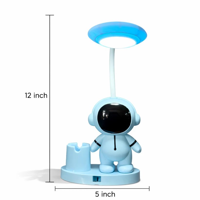 Size reference of astronaut desk lamp - 12 inches tall and 5 inches wide on white background